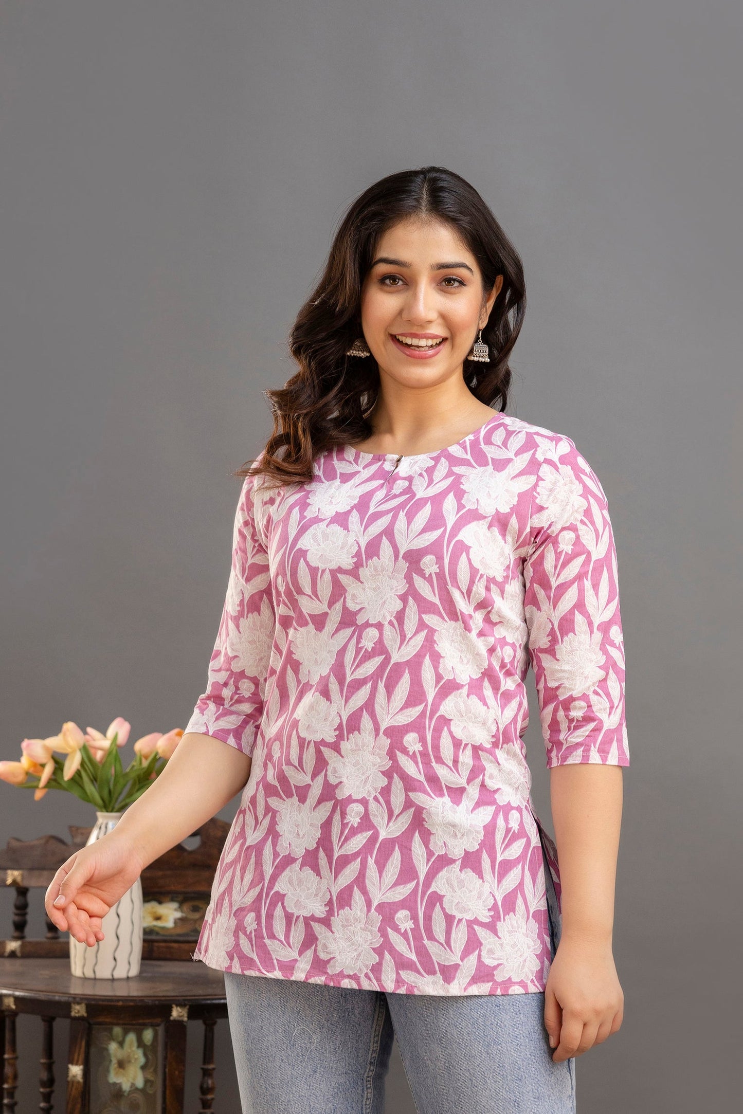 Big Flower Pink Short Kurta