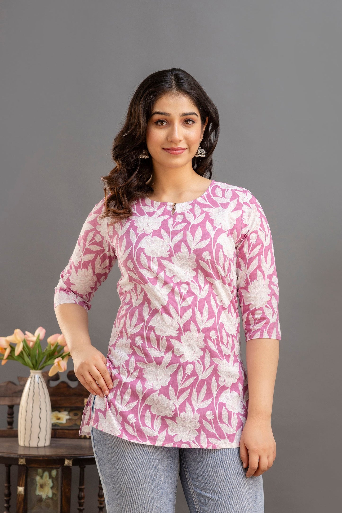 Big Flower Pink Short Kurta