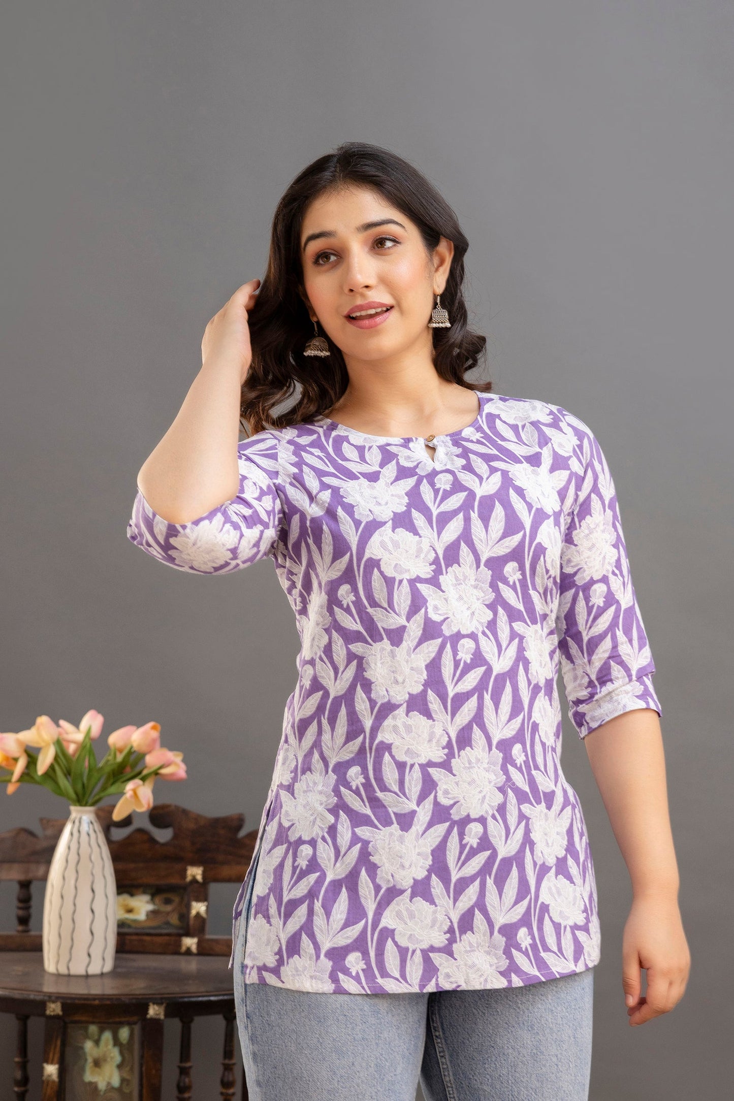 Big Flower Purple Short Kurta